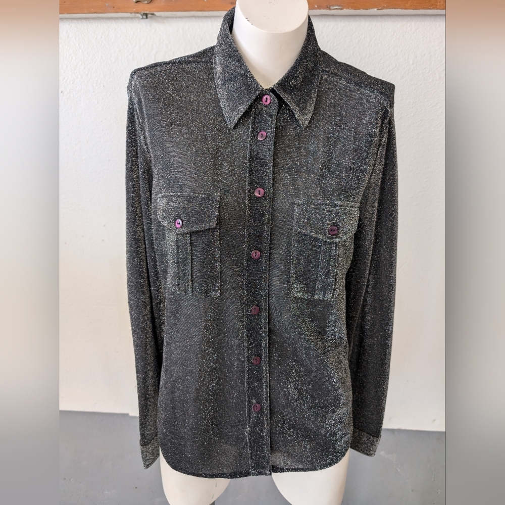 Black Shimmering Button-Up Women's With Hint Of Purple In The Buttons XL